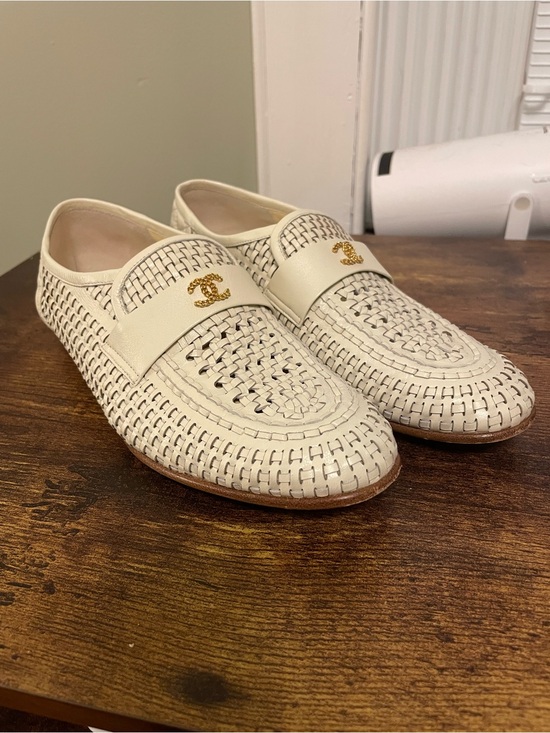 CHANEL Shoes - CHANEL Cream Woven Leather Women’s Loafers with Gold Logo